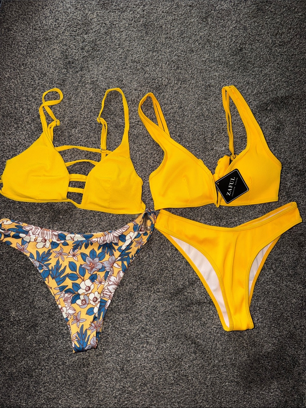 Zaful Bright Yellow Ribbed Bikini Tops with Floral and Yellow Bottoms